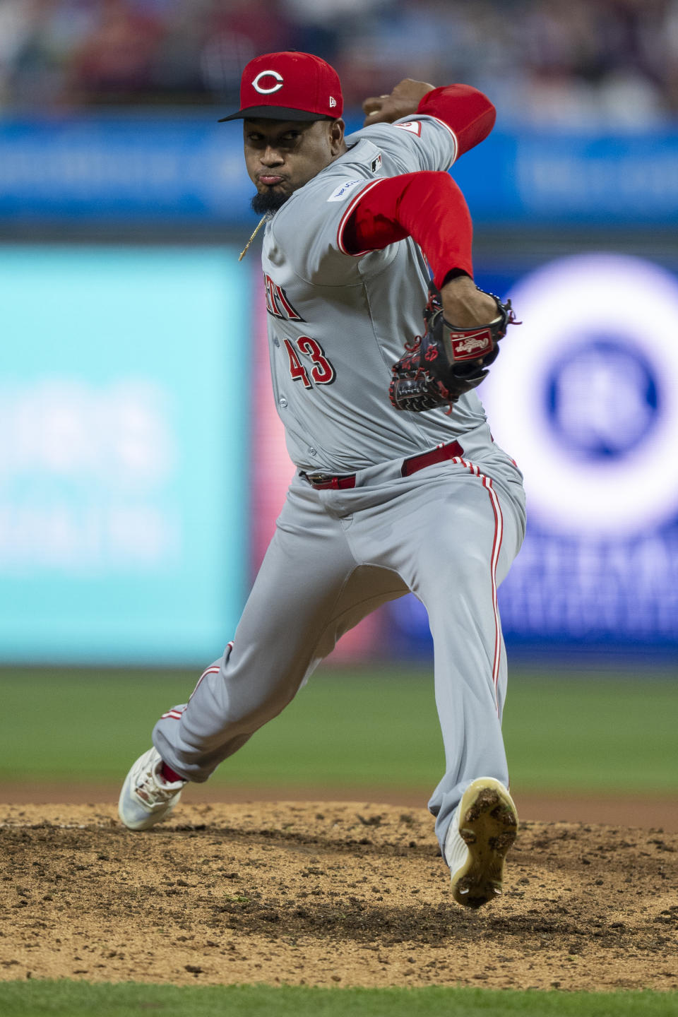 Cincinnati Reds relief pitcher Alexis Diaz delivers during the ninth inning of a baseball game against the Philadelphia Phillies, Monday, April 1, 2024, in Philadelphia. (AP Photo/Chris Szagola)