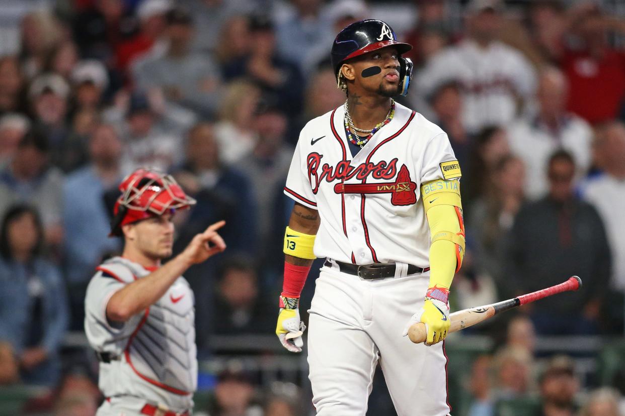 Ronald Acuña Jr. reacts during the Braves' 2023 NLDS loss vs. Philadelphia.