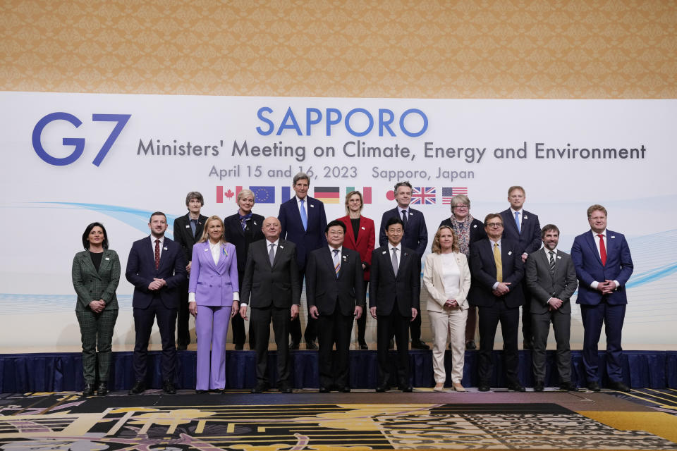 G-7 ministers on climate, energy and environment pose for a photo during its photo session in Sapporo, northern Japan, Saturday, April 15, 2023. Front row, from left are Vannia Gava, Italy's Undersecretary of State at the Ministry of Ecological Transition, EU Oceans and Environment Commissioner Virginijus Sinkevicius, EU Energy Commissioner Kadri Simson, Italy's Environment Minister Gilberto Pichetto Fratin, Japan's Environment Minister Akihiro Nishimura, Japan's Economy Minister Yasutoshi Nishimura, Germany's Environment Minister Steffi Lemke, Canada's Natural Resources Minister Jonathan Wilkinson, Canada's Environment Minister Steven Guilbeault and Germany's Economy and Climate Minister Patrick Graichen. Back row, from left are U.S. Environmental Protection Agency Deputy Administrator Janet McCabe, U.S. Energy Secretary Jennifer Granholm, U.S. Special Presidential Envoy for Climate John Kerry, France's Energy Minister Agnes Pannier-Runacher, France's Ecological Transition Minister Christophe Bechu, Britain's Environment Secretary Therese Coffey and Britain's Energy Secretary Grant Shapps. (AP Photo/Hiro Komae)