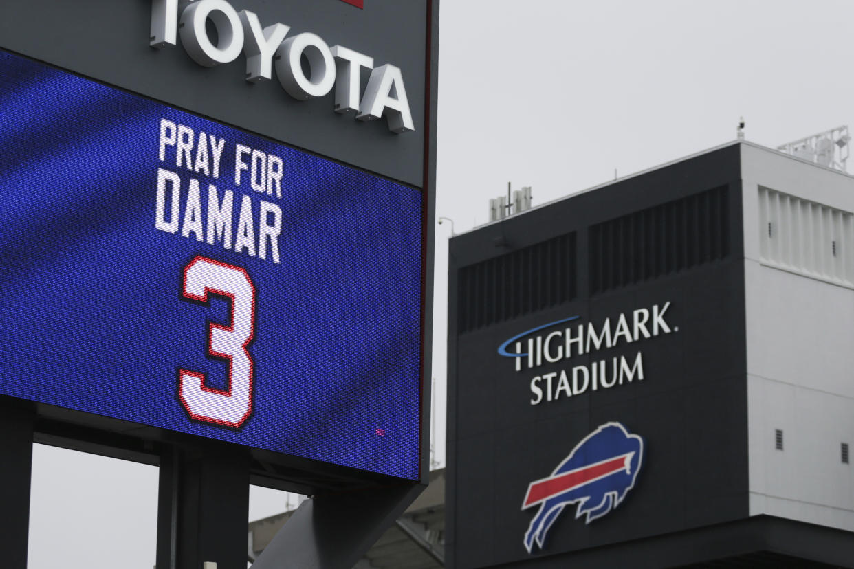 A sign shows support for Buffalo Bills safety Damar Hamlin outside Highmark Stadium in Orchard Park, N.Y. (AP Photo/Joshua Bessex)