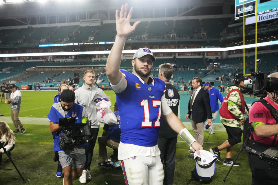 Buffalo Bills quarterback Josh Allen (17) waves to fans at the end of an NFL football game against the Miami Dolphins, Sunday, Jan. 7, 2024, in Miami Gardens, Fla. The Bills defeated the Dolphins 21-14. (AP Photo/Wilfredo Lee)
