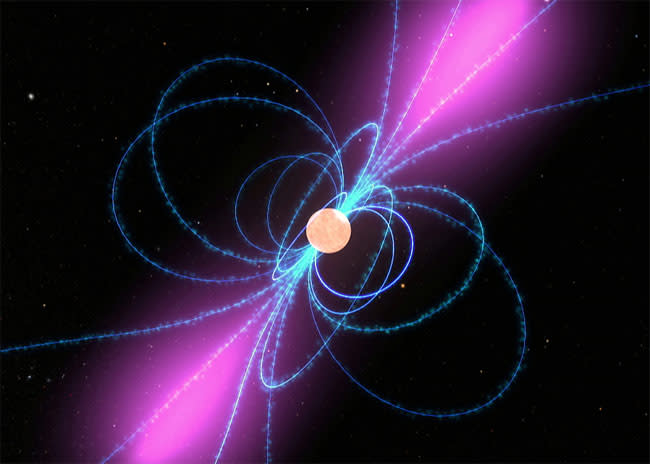 An orange sphere with blue arcs connecting its poles and purple tapering clouds along an inclined axis running through it