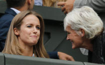 Andy Murray's wife Kim and mother Judy greet each other before Andy Murray of Britain plays his match against Vasek Pospisil of Canada at the Wimbledon Tennis Championships in London, July 8, 2015. REUTERS/Suzanne Plunkett