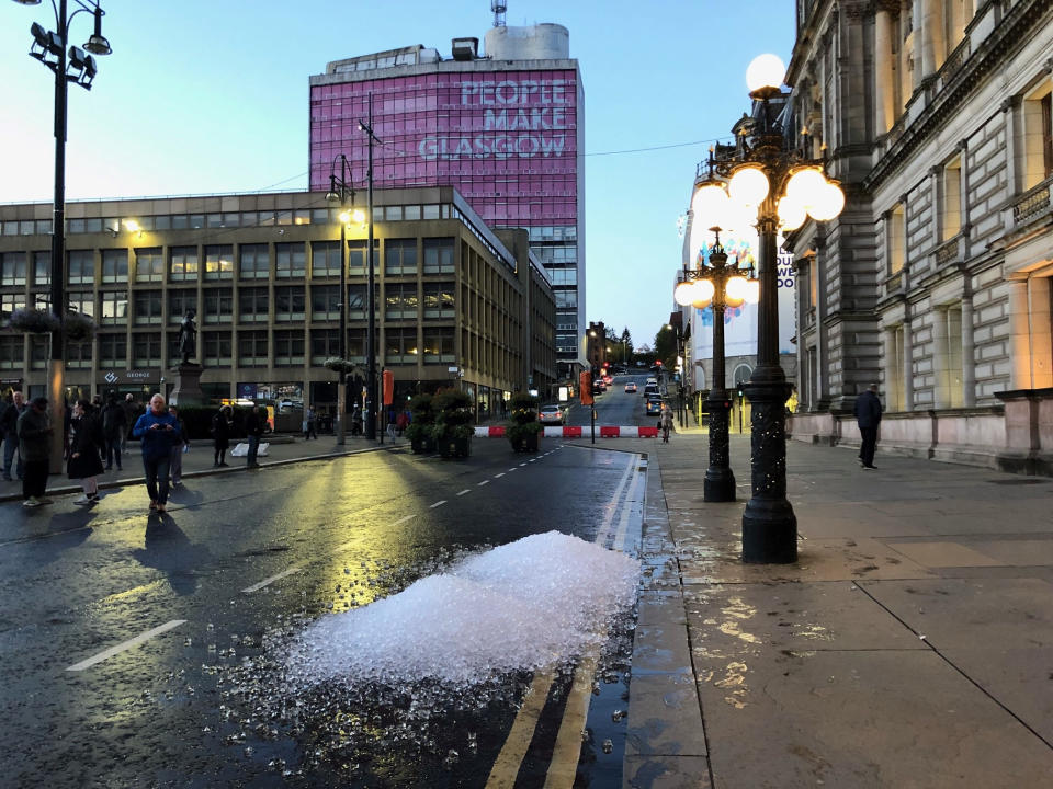 Left over ice dumped on the street in Glasgow in a protest by hospitality workers, as temporary restrictions announced by First Minister Nicola Sturgeon to help curb the spread of coronavirus have come into effect from 6pm on Friday.