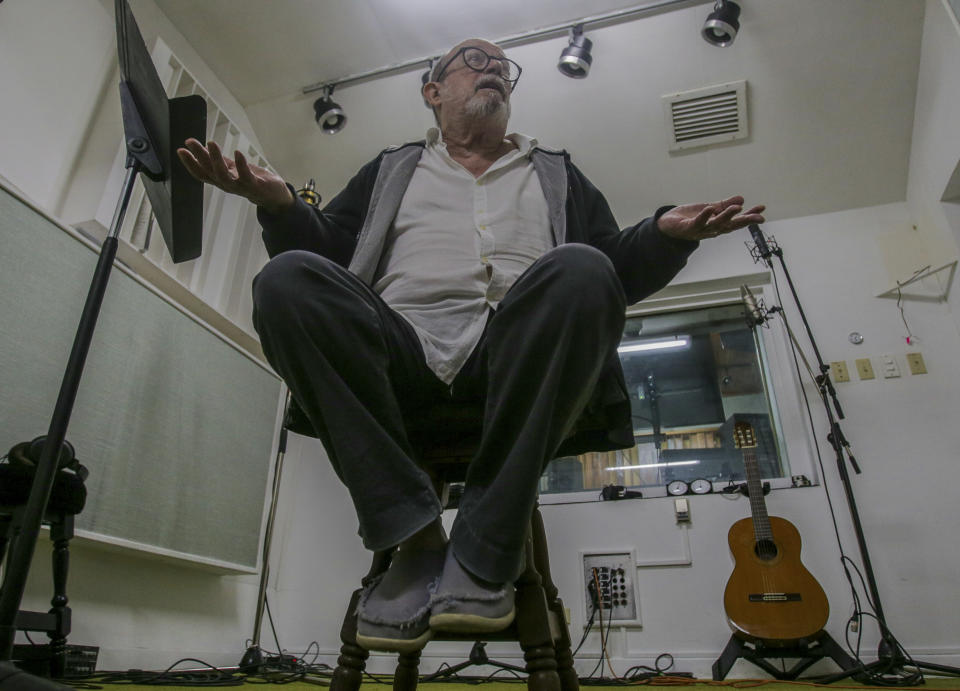 Cuban musician Silvio Rodriguez talks during an interview with The Associated Press in Havana, Cuba, Thursday, June 6, 2024. Rodríguez, who regards himself as a man of the left, says that is not an excuse to ignore the economic crisis Cuba is going through. (AP Photo/Ariel Ley)