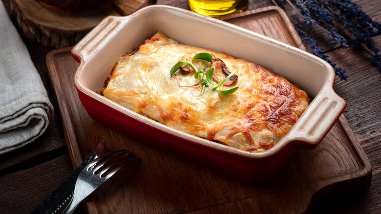 Lasagna with cheese in pan