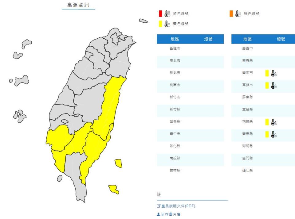 中央氣象局21日發布高溫資訊，22日中午前後台東縣地區，台南市、高雄市近山區或河谷，花蓮縣縱谷為黃色燈號，預估會有36度以上的高溫出現。（中央氣象局提供）