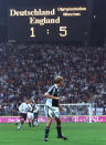 FILE - The Sept. 1, 2001 file photo shows the scoreboard with the result of a World Cup 2002 qualifying match of Group 9 Germany vs England in the Olympic stadium of Munich, southern Germany. England won 5-1. On German soil, England produced a signature win of Sven-Goran Eriksson's tenure as coach — and it's greatest performance against a unified Germany team. (AP Photo/Uwe Lein, File)