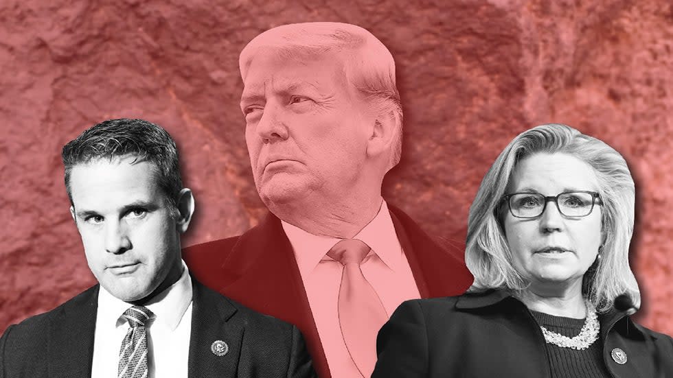 Photo illustration of Donald Trump, who is slightly faded and red-tinted and behind Reps. Liz Cheney and Adam Kinzinger who are grayscaled