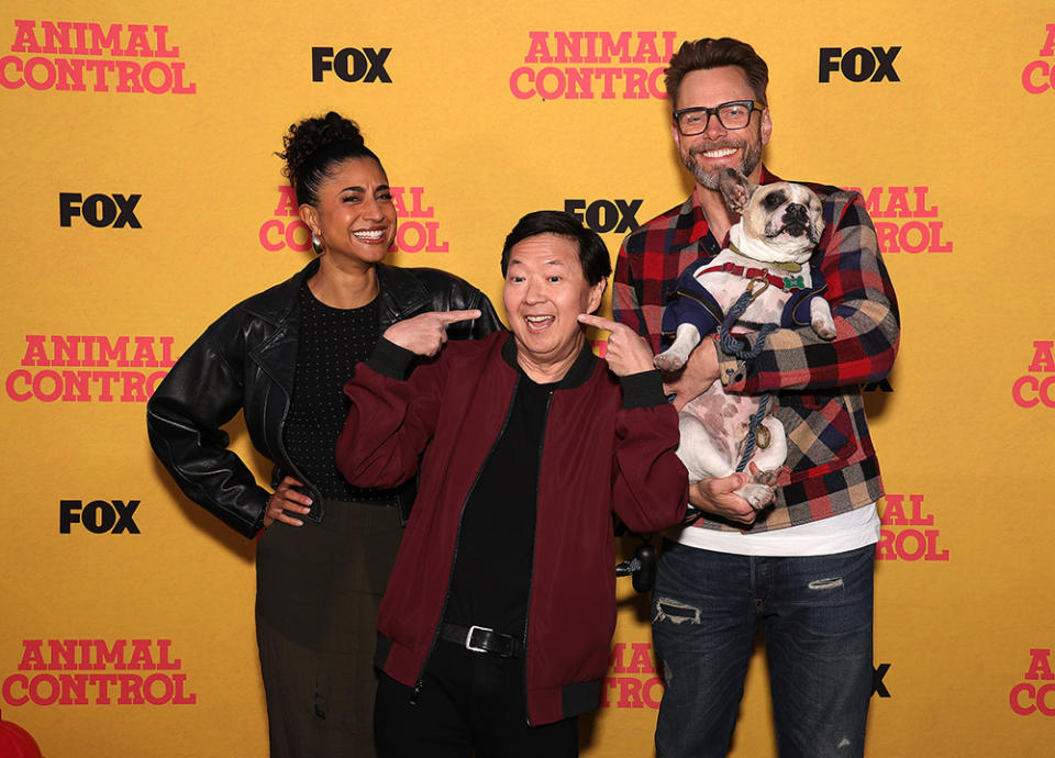 Vella Lovell, Ken Jeong, and Joel McHale with his dog, Bean Bag, at FOX's ANIMAL CONTROL screening at DOG PPL in Santa Monica, CA.