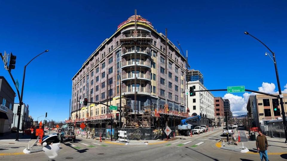 Construction crews work on Hotel Renegade in downtown Boise in late February, just a couple of months before the target opening date in May.