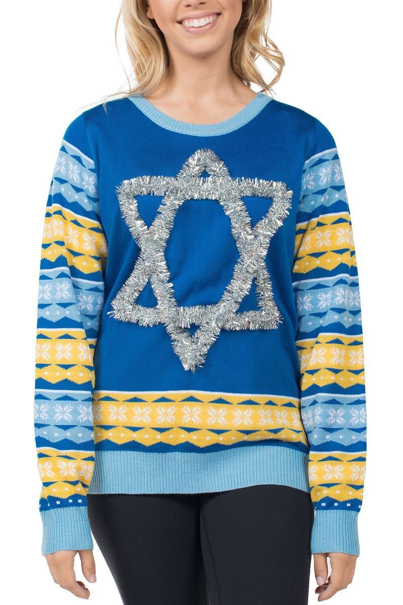 <p><a href="https://go.redirectingat.com?id=74968X1596630&url=https%3A%2F%2Fwww.tipsyelves.com%2Fwomens-tinsel-star-of-david-ugly-hanukkah-sweater&sref=https%3A%2F%2Fwww.redbookmag.com%2Flife%2Ffriends-family%2Fg46000590%2Fbest-hanukkah-gifts%2F" rel="nofollow noopener" target="_blank" data-ylk="slk:Shop Now;elm:context_link;itc:0;sec:content-canvas" class="link ">Shop Now</a></p><p>Tinsel Star of David Sweater</p><p>tipsyelves.com</p><p>$44.95</p><span class="copyright">tipsy elves</span>