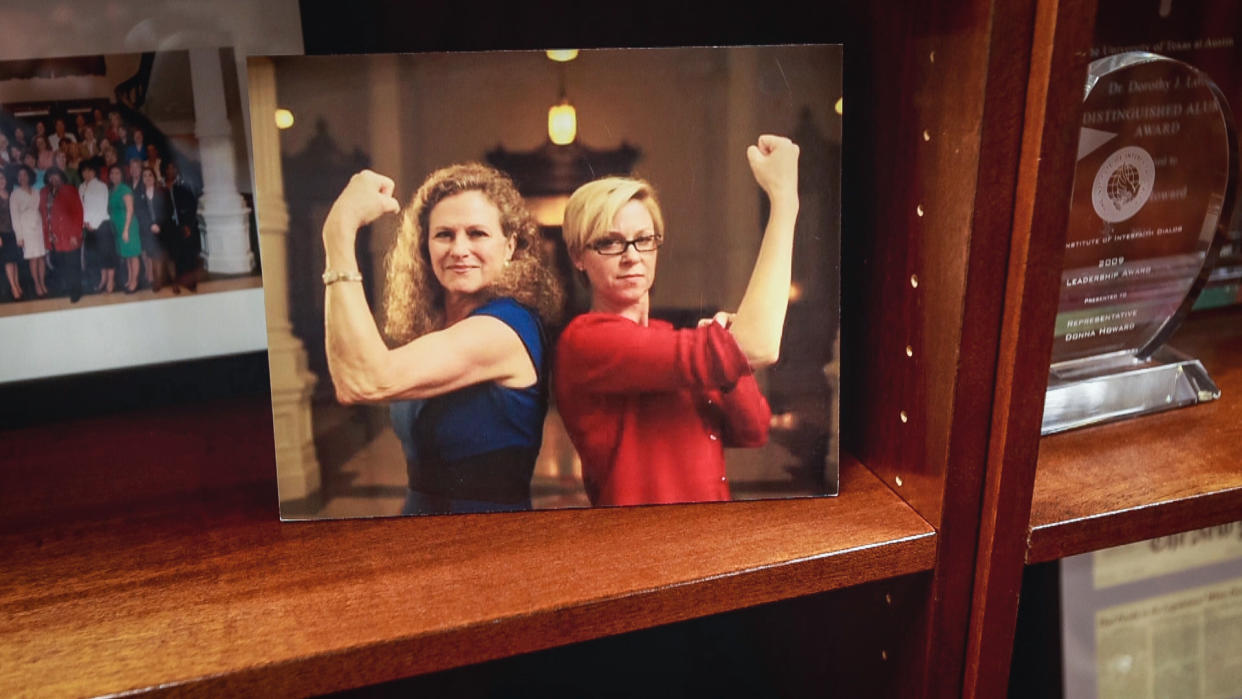 Photo of lawmakers Donna Howard and Sarah Davis in Howard’s office at the Texas State Capitol. (NBC News)