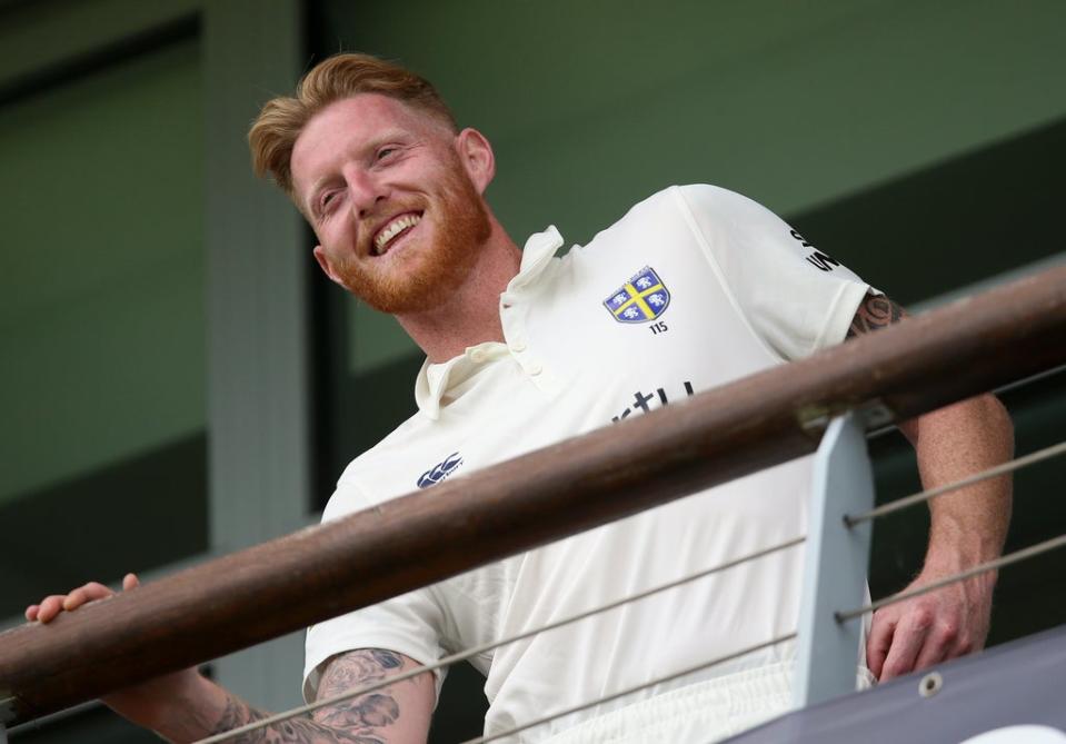 New England captain Ben Stokes was in good spirits on the Durham dressing-room balcony as the visitors plundered runs at Worcestershire (Nigel French/PA) (PA Wire)