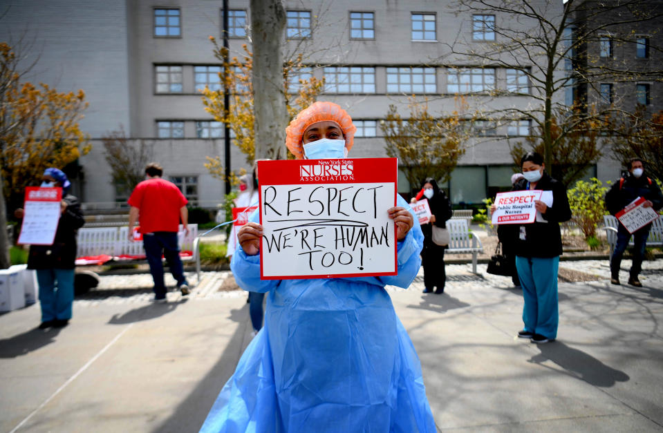 Image: Nurses and health care workers protest outside of Jacboi Medical Center in the Bronx, N.Y., on April 17, 2020. (Angela Weiss / AFP - Getty Images)