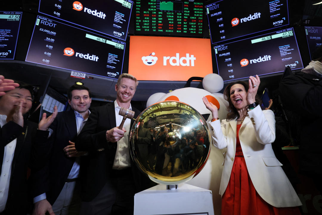 CEO of Reddit Steve Huffman rings a ceremonial bell at the New York Stock Exchange (NYSE) to celebrate the company's initial public offering (IPO) in New York City, U.S., March 21, 2024. REUTERS/Brendan McDermid