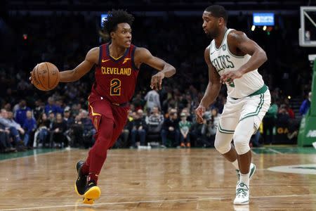 Jan 23, 2019; Boston, MA, USA; Cleveland Cavaliers point guard Collin Sexton (2) drives against Boston Celtics guard Brad Wanamaker (9) during the second half at TD Garden. Mandatory Credit: Greg M. Cooper-USA TODAY Sports