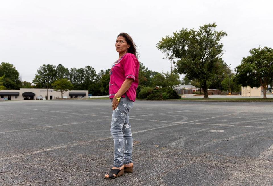 Nery Blandín, a community education worker at El Centro Hispano, is photographed in the Lakewood Plaza shopping center on Friday, Sept. 22, 2023, in Durham, N.C. Blandín’s car was broken into in the parking lot outside of the Latino nonprofit in September.