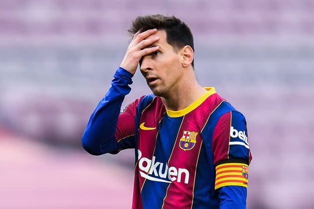 BARCELONA, SPAIN - MAY 16: Lionel Messi of FC Barcelona shows his dejection during the La Liga Santander match between FC Barcelona and RC Celta at Camp Nou on May 16, 2021 in Barcelona, Spain. Sporting stadiums around Spain remain under strict restrictions due to the Coronavirus Pandemic as Government social distancing laws prohibit fans inside venues resulting in games being played behind closed doors. (Photo by David Ramos/Getty Images) (Photo: David Ramos via Getty Images)