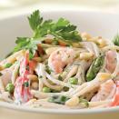 <p>Toss a garlicky, Middle Eastern-inspired yogurt sauce with pasta, shrimp, asparagus, peas and red bell pepper for a fresh, satisfying summer meal. Serve with: Slices of cucumber and tomato tossed with lemon juice and olive oil.</p>