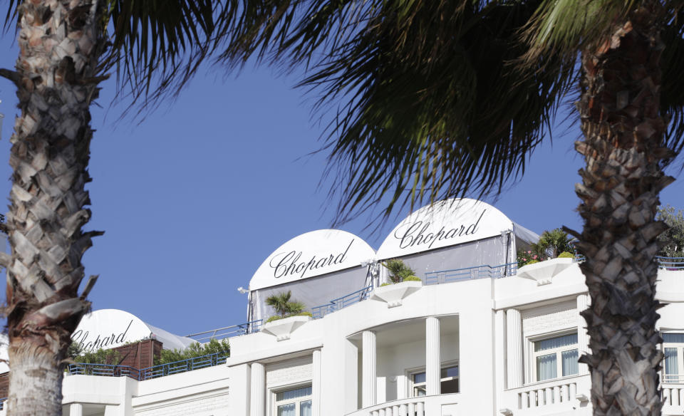 FILE - This Friday May 17, 2013 file photo shows the office of Chopard during the 66th international film festival, in Cannes, southern France. In 2015, thieves walked into the Cartier boutique on Cannes' Croisette seaside promenade in the middle of the morning and walked out with millions of dollars' worth of jewelry and watches. In 2013, thieves stole Chopard jewelry from a hotel room safe during the festival. And two months later, a lone gunman pulled off one of the biggest jewelry heists of all time, stealing $136 million worth of diamond jewelry from Cannes' Carlton Hotel. A brazen burglary on Monday Nov. 25, 2019 from Dresden’s Green Vault, one of the world’s oldest museums, holding priceless treasures is another in a long history of daring European heists over the years. (AP Photo/Virginia Mayo, File)