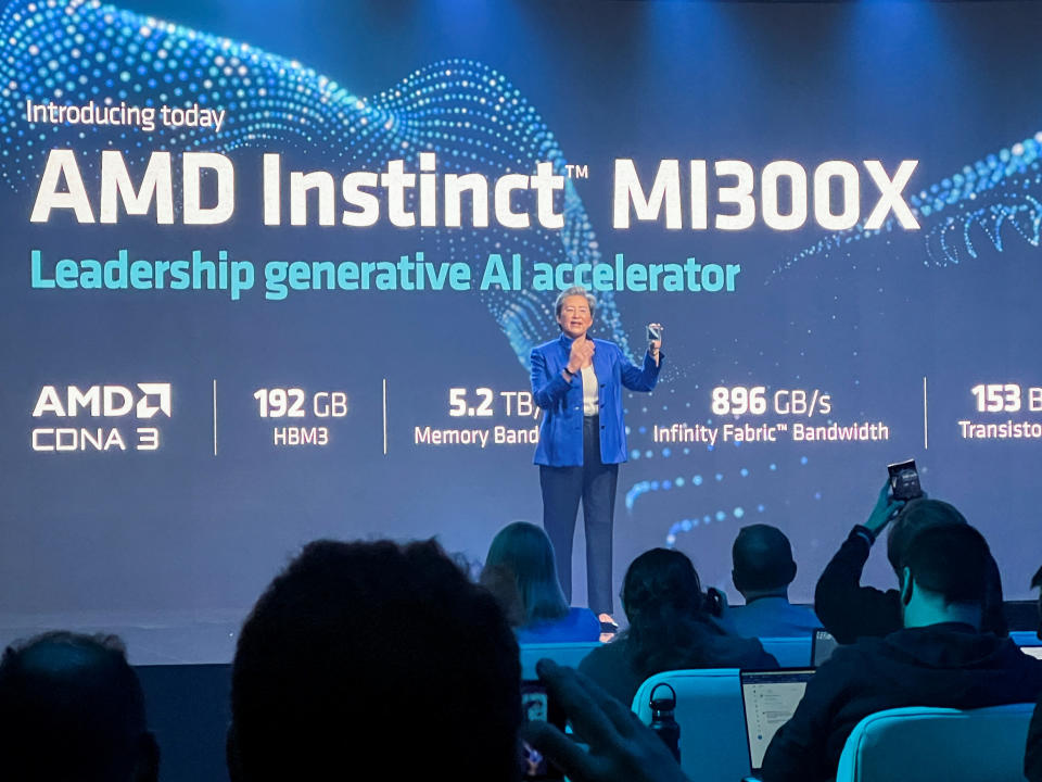 AMD Chief Executive Lisa Su holds the company's new MI300X chip at an event outlining AMD's artificial intelligence strategy in San Francisco, U.S., June 13, 2023. REUTERS/Stephen Nellis