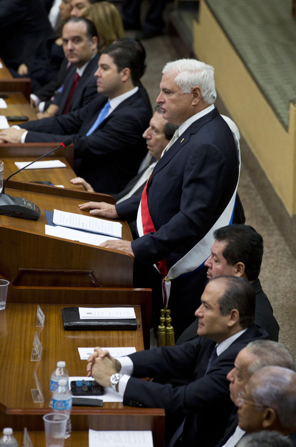 Panama's President Ricardo Martinelli delivers the last state-of-the nation address of his term to Congress in Panama City, Thursday, Jan. 2, 2014. Panama will hold their next presidential election this year in May. (AP Photo/Arnulfo Franco)