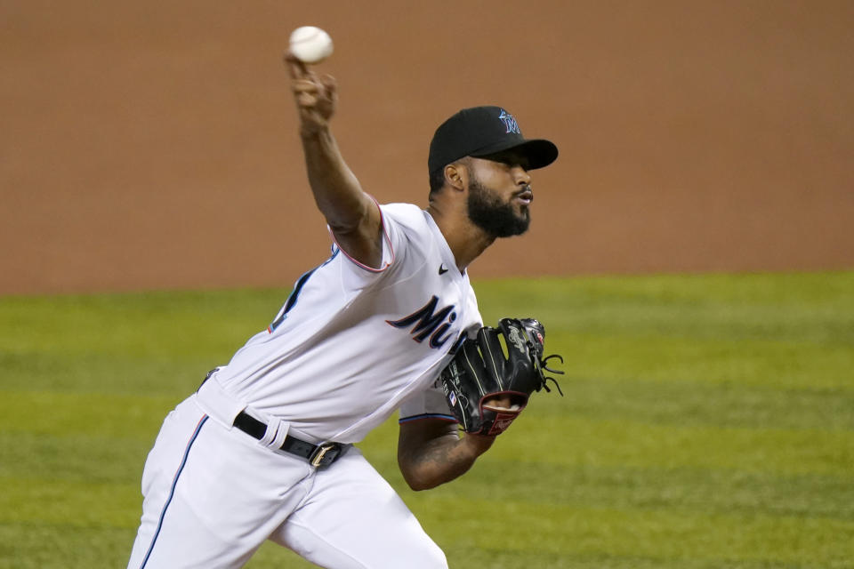 Miami Marlins starting pitcher Sandy Alcantara throws during the first inning of a baseball game against the Boston Red Sox, Tuesday, Sept. 15, 2020, in Miami. (AP Photo/Lynne Sladky)