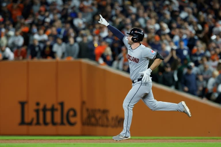 Cleveland's David Fry celebrates a two run home run in the Guardians' series-extending victory over the Detroit Tigers in the Major League Baseball playoffs (Duane Burleson)