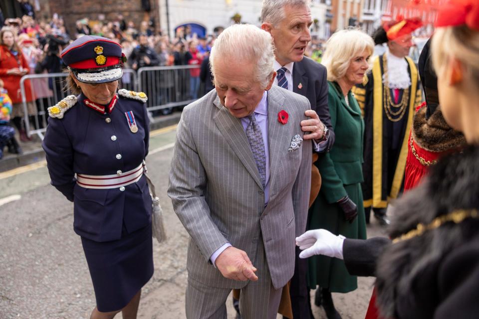 King Charles III of the United Kingdom reacts after an egg was thrown in his direction in York during a ceremony at Micklegate Bar where, traditionally, The Sovereign is welcomed to the city, during an official visit to Yorkshire on November 9, 2022 in York, England.
