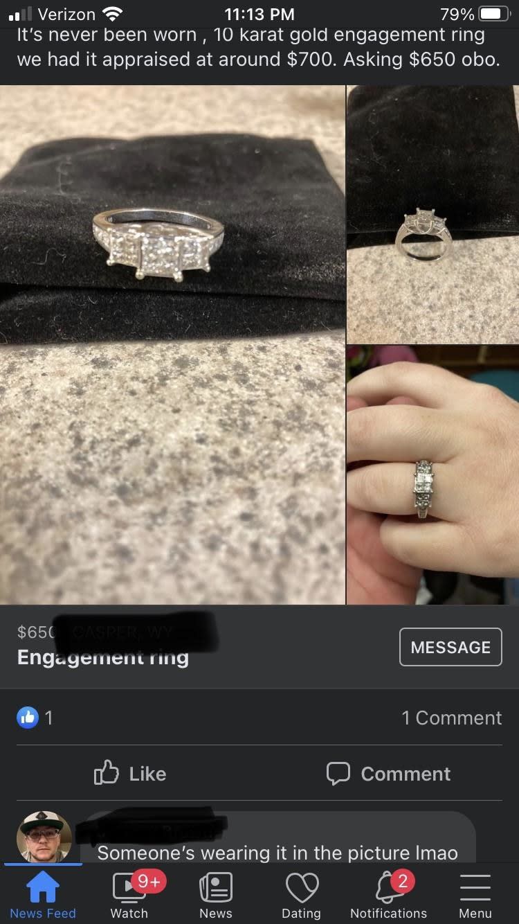 Person says a ring has never been worn but posts a photo of someone clearly wearing it