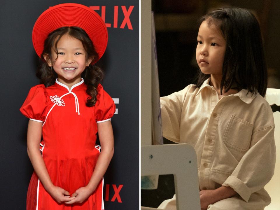 left: remy holt at the beef premiere, wearing a red dress and headpiece and smiling widely; right: remy holt as june in beef, painting at a child's easel