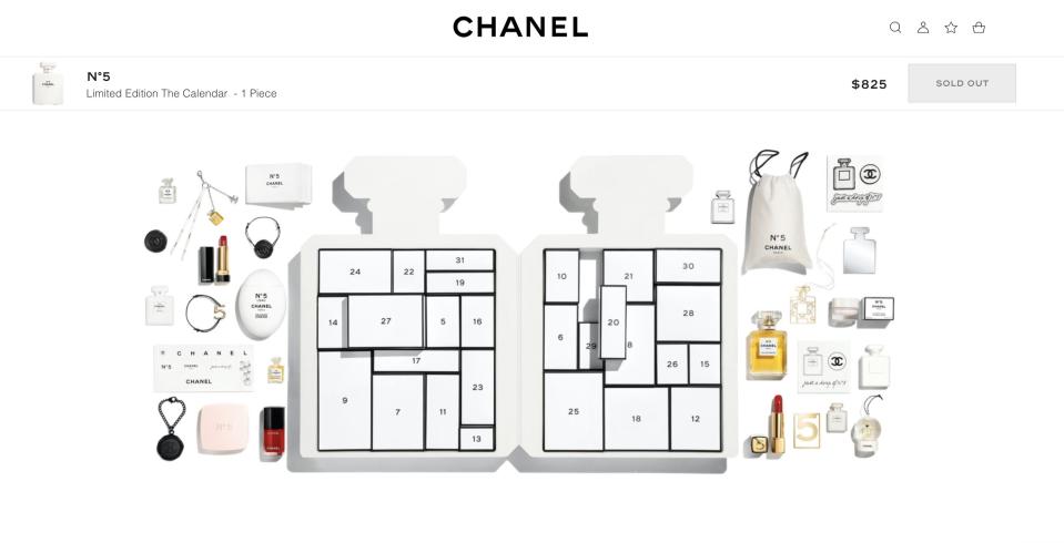 A screenshot of Chanel's website that shows the contents of its 2021 advent calendar.