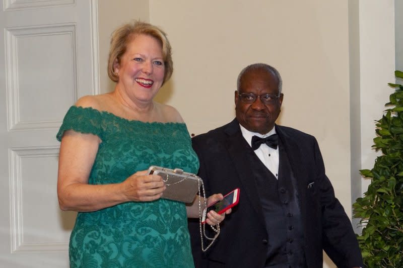 Clarence Thomas (R), and his wife, Virginia Thomas, arrive for a State Dinner hosted by former President Donald Trump and former first lady Melania Trump at the White House in Washington on September 20, 2019. Photo by Ron Sachs/UPI