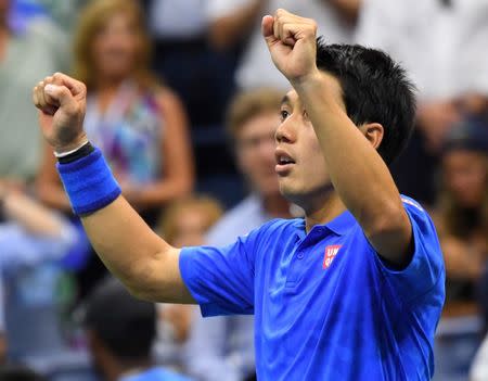 Sept 7, 2016; New York, NY, USA; Kei Nishikori of Japan after beating Andy Murray of Great Britain on day ten of the 2016 U.S. Open tennis tournament at USTA Billie Jean King National Tennis Center. Robert Deutsch-USA TODAY Sports