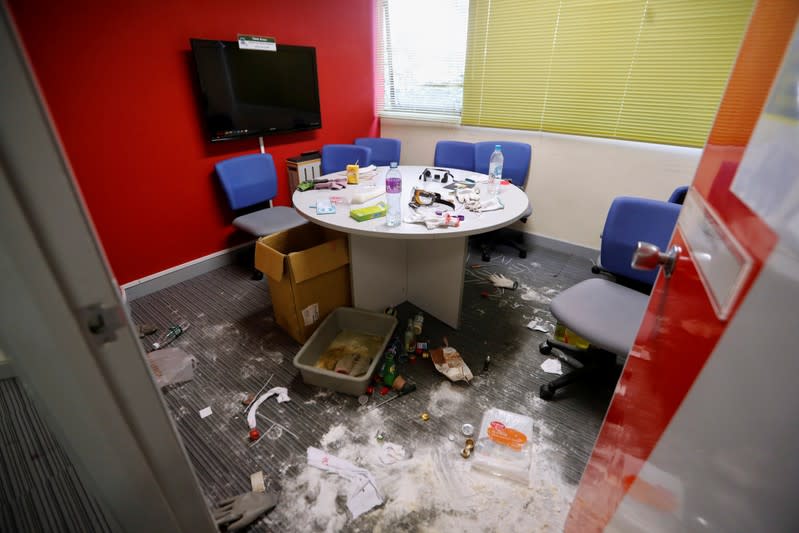 Items left behind by protesters are seen inside a room at Hong Kong Polytechnic University (PolyU) in Hong Kong, China