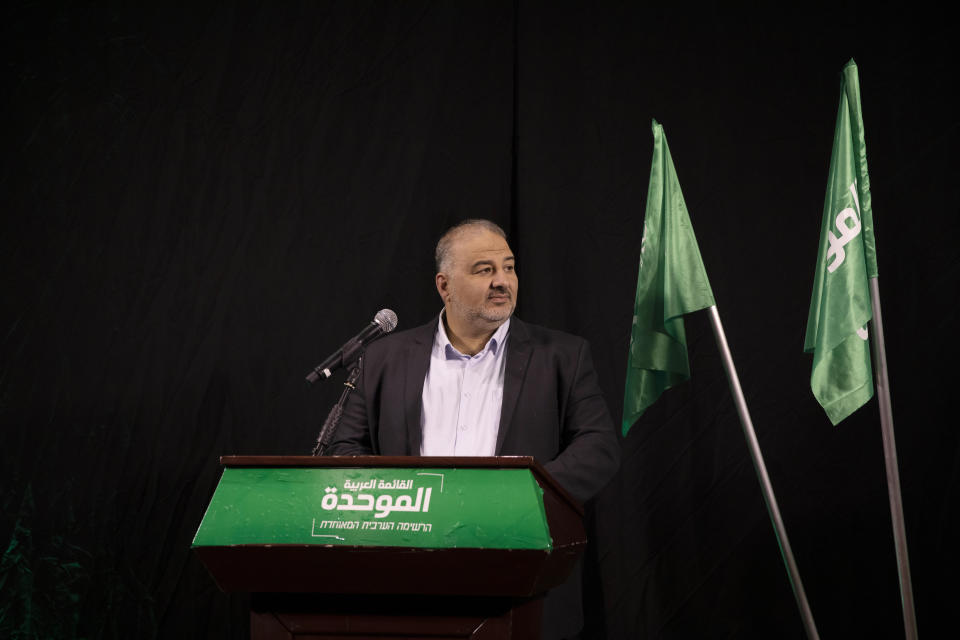 Mansour Abbas, leader of the United Arab List, also known by the Hebrew name Ra'am delivers a statement in Nazareth, Israel, Thursday, April 1, 2021. (AP Photo/Ariel Schalit)