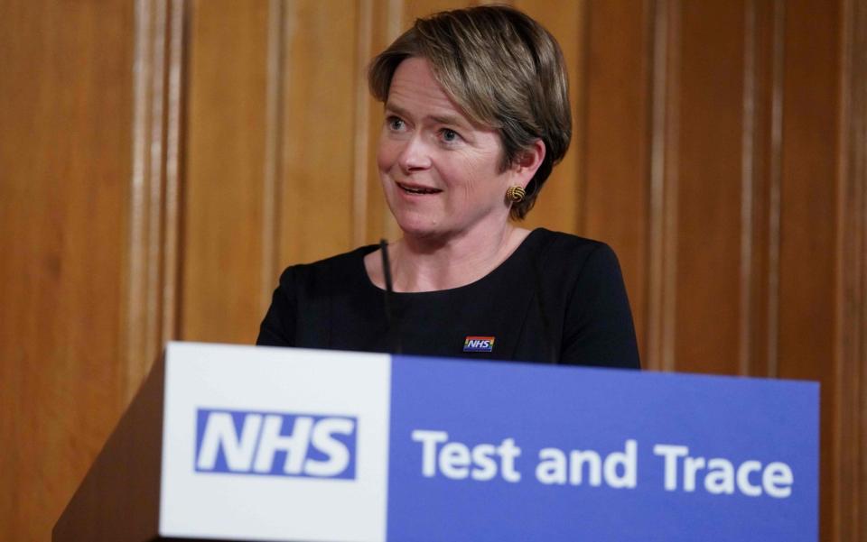 A handout image released by 10 Downing Street, shows Executive Chair of NHS Test and Trace, Baroness Dido Harding attending a remote press conference to update the nation on the novel coronavirus COVID-19 pandemic - PIPPA FOWLES/10 Downing Street/AFP via Getty Images