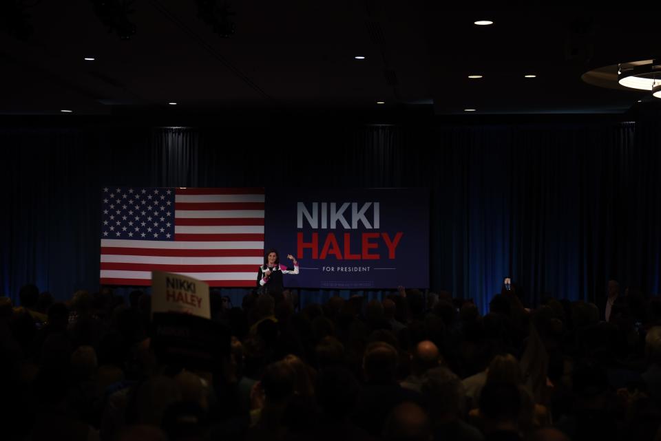 Nikki Haley speaks to a room of hundreds of supporters at her campaign rally in Bloomington, Minn. on Feb. 26, 2024.