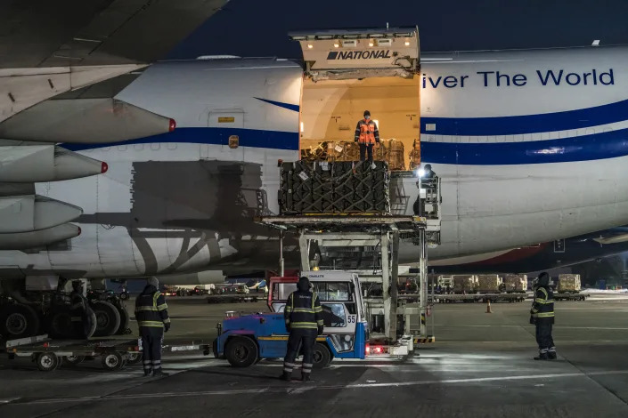 A delivery of military equipment including Javelin missiles from the United States arrives in Kyiv, Ukraine, Jan. 25, 2022. (Brendan Hoffman/The New York Times)