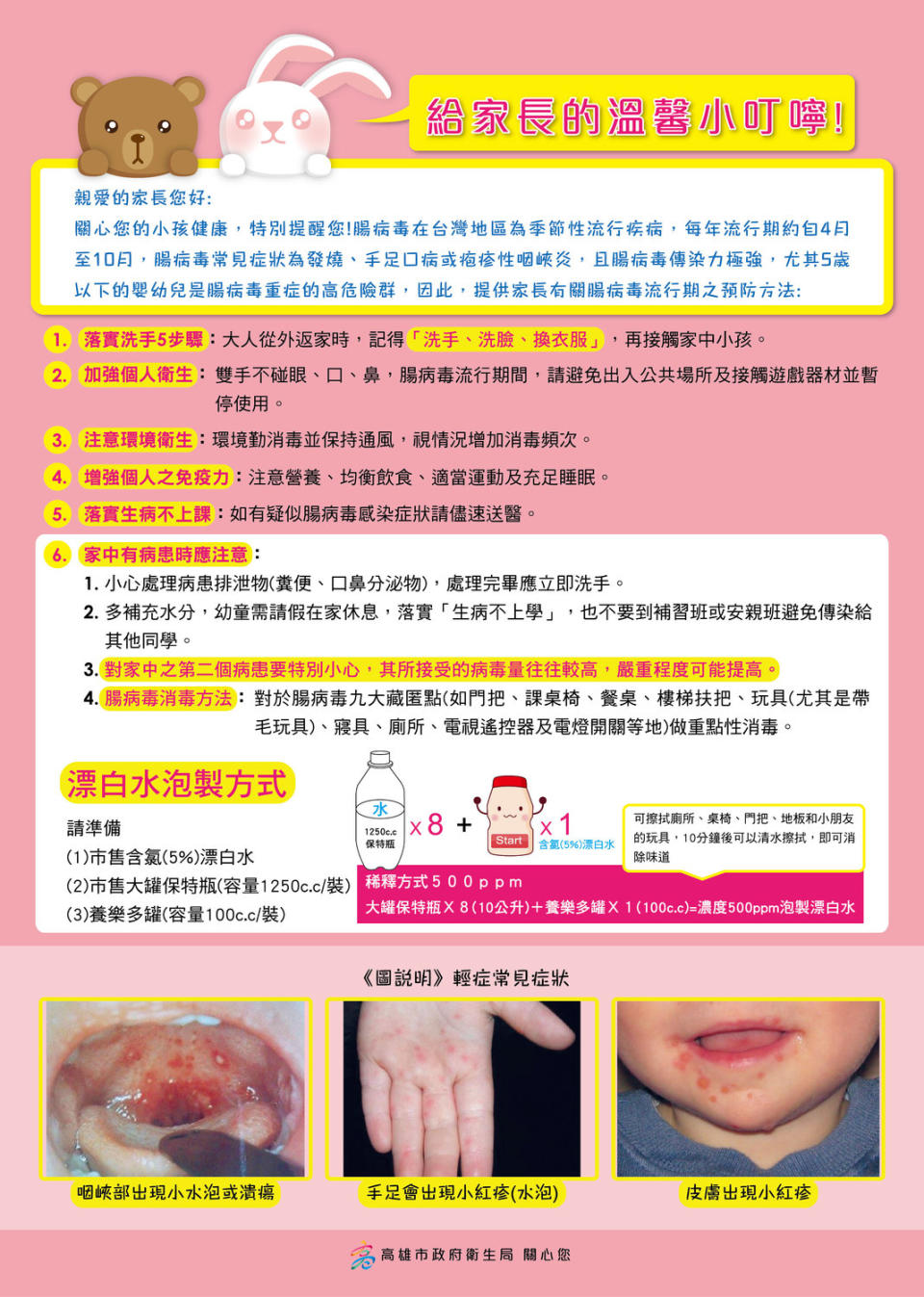 天氣炎熱，正值腸病毒流行期，別忽視孩子衛生，謹記「洗手、洗臉、換衣服！」的原則。   圖：高雄市衛生局／提供