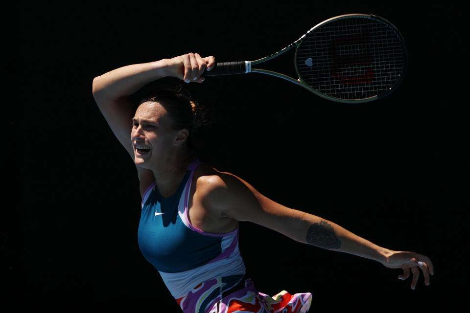 Seen here, Belarusian Aryna Sabalenka plays a forehand in her fourth round victory over Belinda Bencic at the Australian Open. 