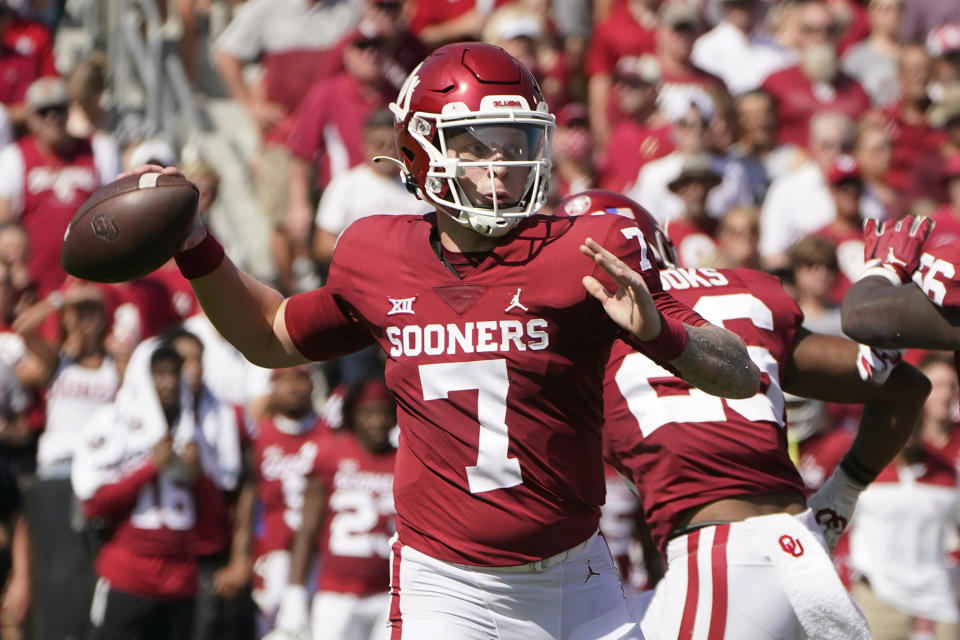 Oklahoma quarterback Spencer Rattler (7) throws in the first half of an NCAA college football game against Nebraska, Saturday, Sept. 18, 2021, in Norman, Okla. (AP Photo/Sue Ogrocki)