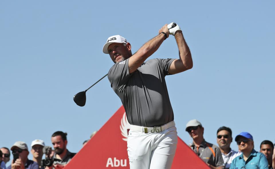 England's Lee Westwood tees off on the 2nd hole during the final round of the Abu Dhabi Championship golf tournament in Abu Dhabi, United Arab Emirates, Sunday, Jan. 19, 2020. (AP Photo/Kamran Jebreili)