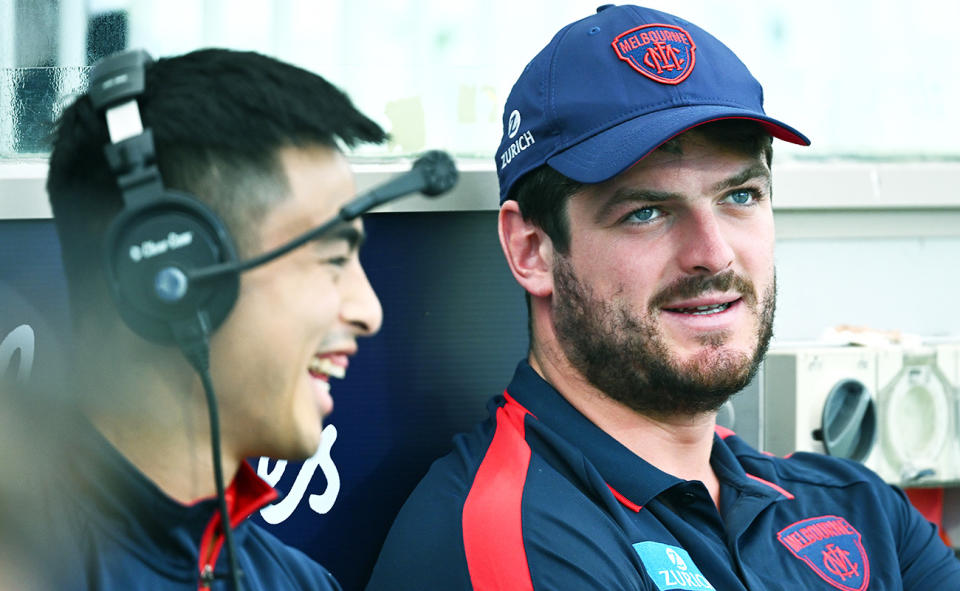 Angus Brayshaw, pictured here on the bench as the Demons beat the Bulldogs.