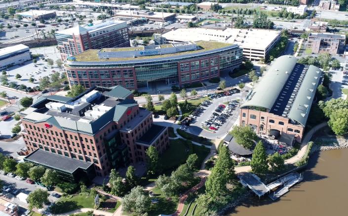 An aerial view of some of the businesses at the Wilmington Riverfront which includes AAA MidAtlantic and Navient.