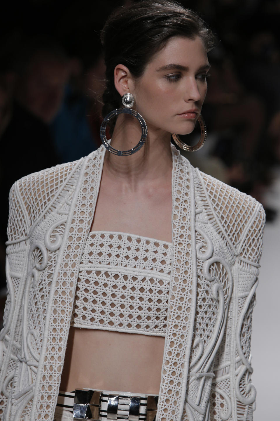 A model wears a creation by French designer Olivier Rousteing for Balmain's spring-summer 2013 ready to wear collection in Paris, Thursday, Sept. 27, 2012. (AP Photo/Francois Mori)