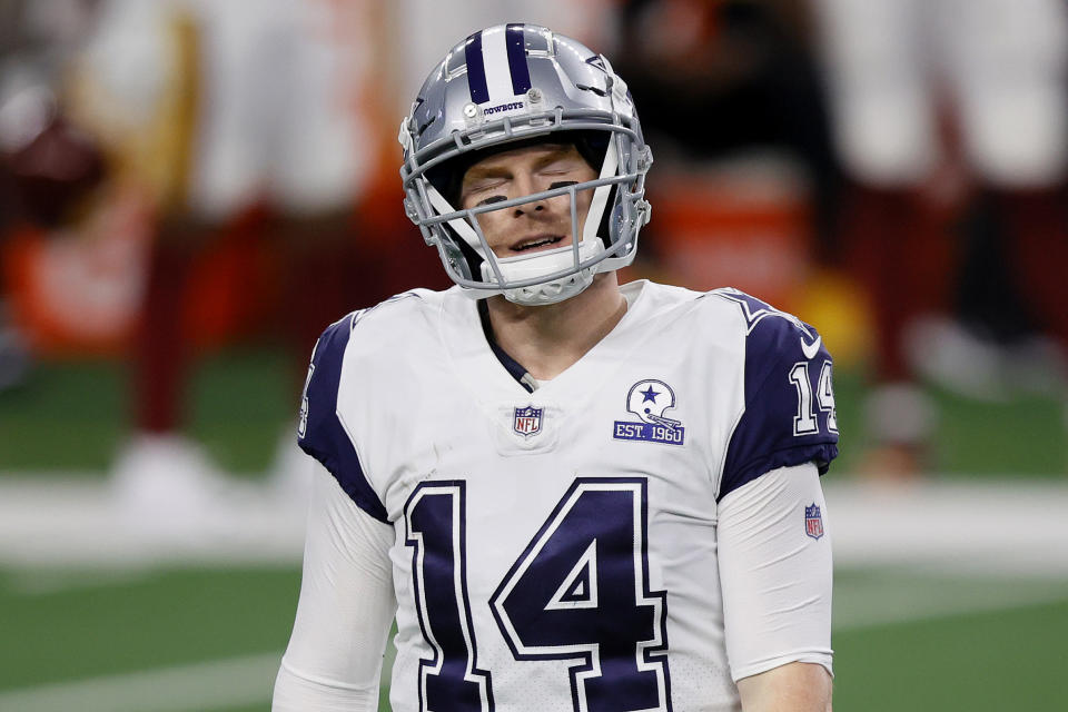 ARLINGTON, TEXAS - NOVEMBER 26: Andy Dalton #14 of the Dallas Cowboys reacts during the third quarter of a game against the Washington Football Team at AT&T Stadium on November 26, 2020 in Arlington, Texas. (Photo by Tom Pennington/Getty Images)