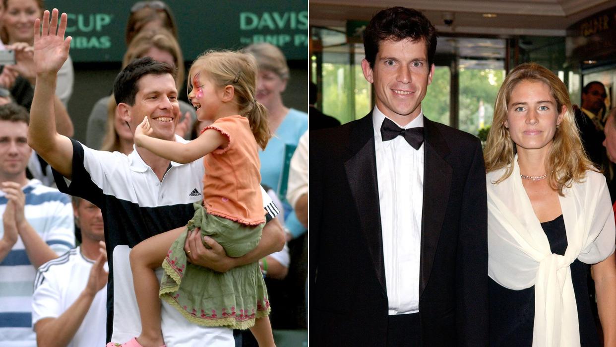 Tim Henman holding daughter and with wife