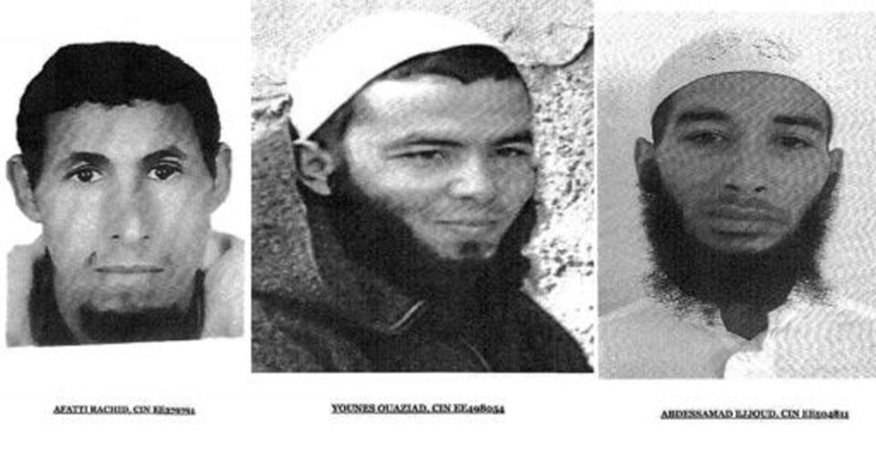 Moroccan police have arrested three fugitive suspects in the grisly murder of the two hikers – (left to right) Rachid Afatti, Ouziad Younes and Ejjoud Abdessamad. Source: AFP